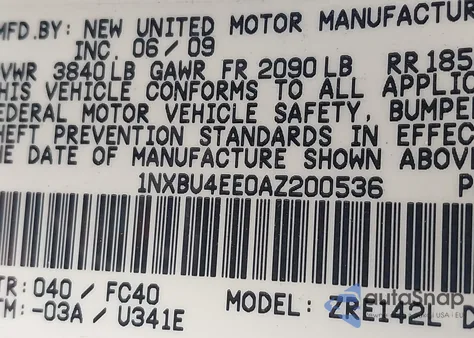 2010 Toyota Corolla Le z USA, uszkodzony, nr VIN 1NXBU4EE0AZ200536